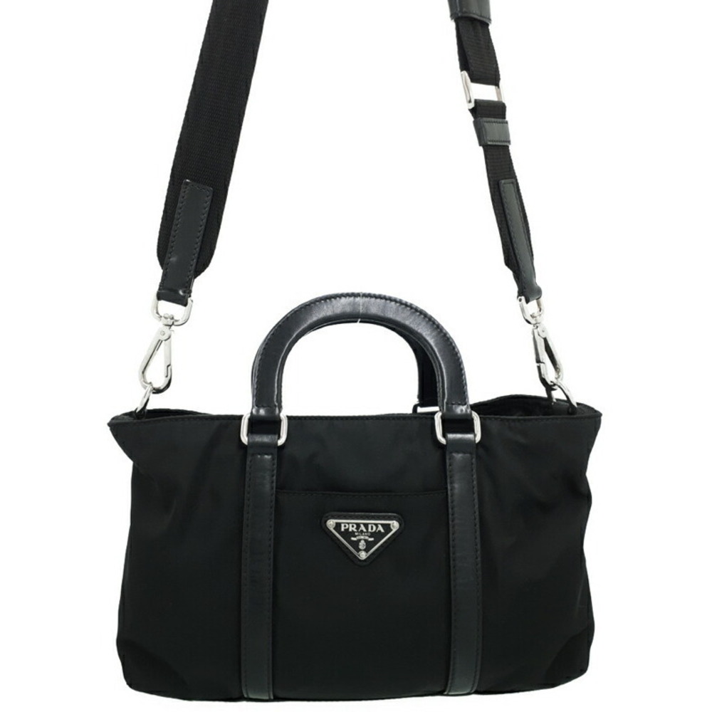Prada Tessuto 2way Satchel black handbag leather top handles